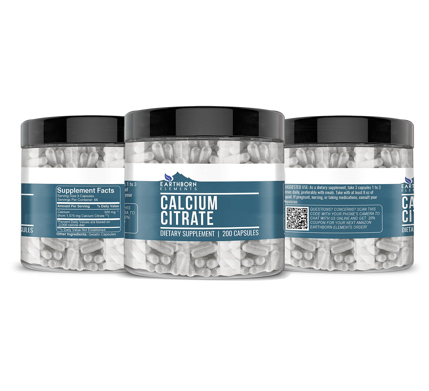 Earthborn Elements Calcium Citrate 200 Capsules – Pure & Undiluted, No Additives