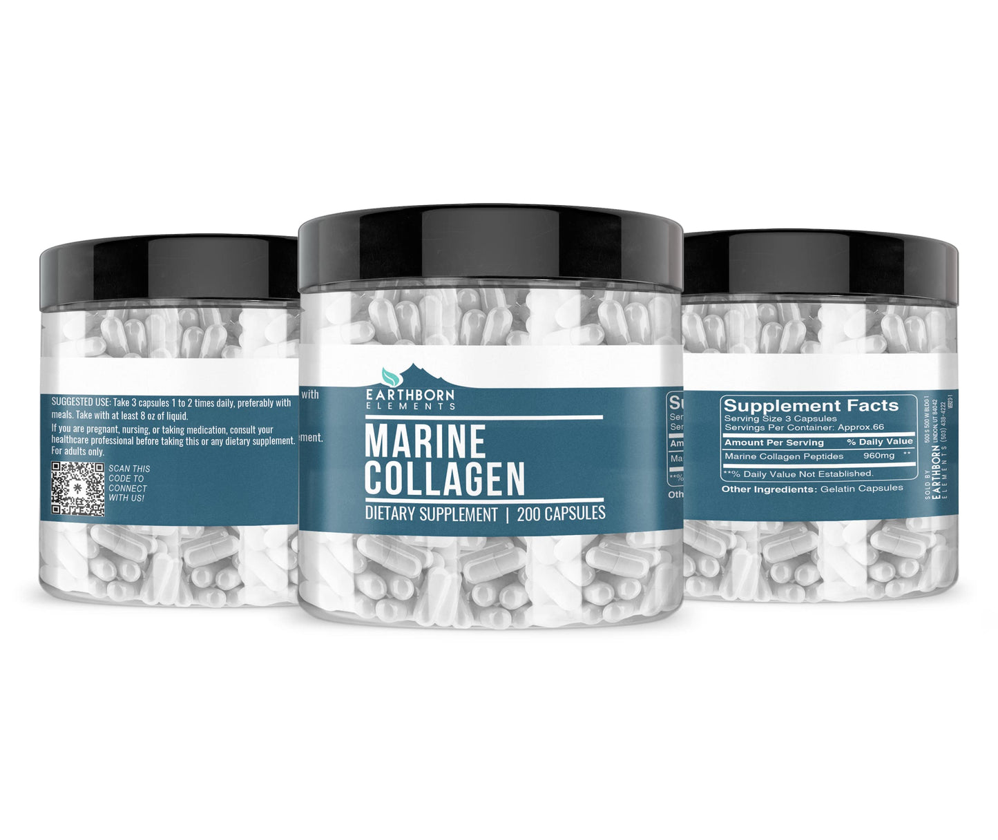 Earthborn Elements Collagen Peptides – Marine Hydrolyzed Fish Collagen, 200 Capsules (960 mg)