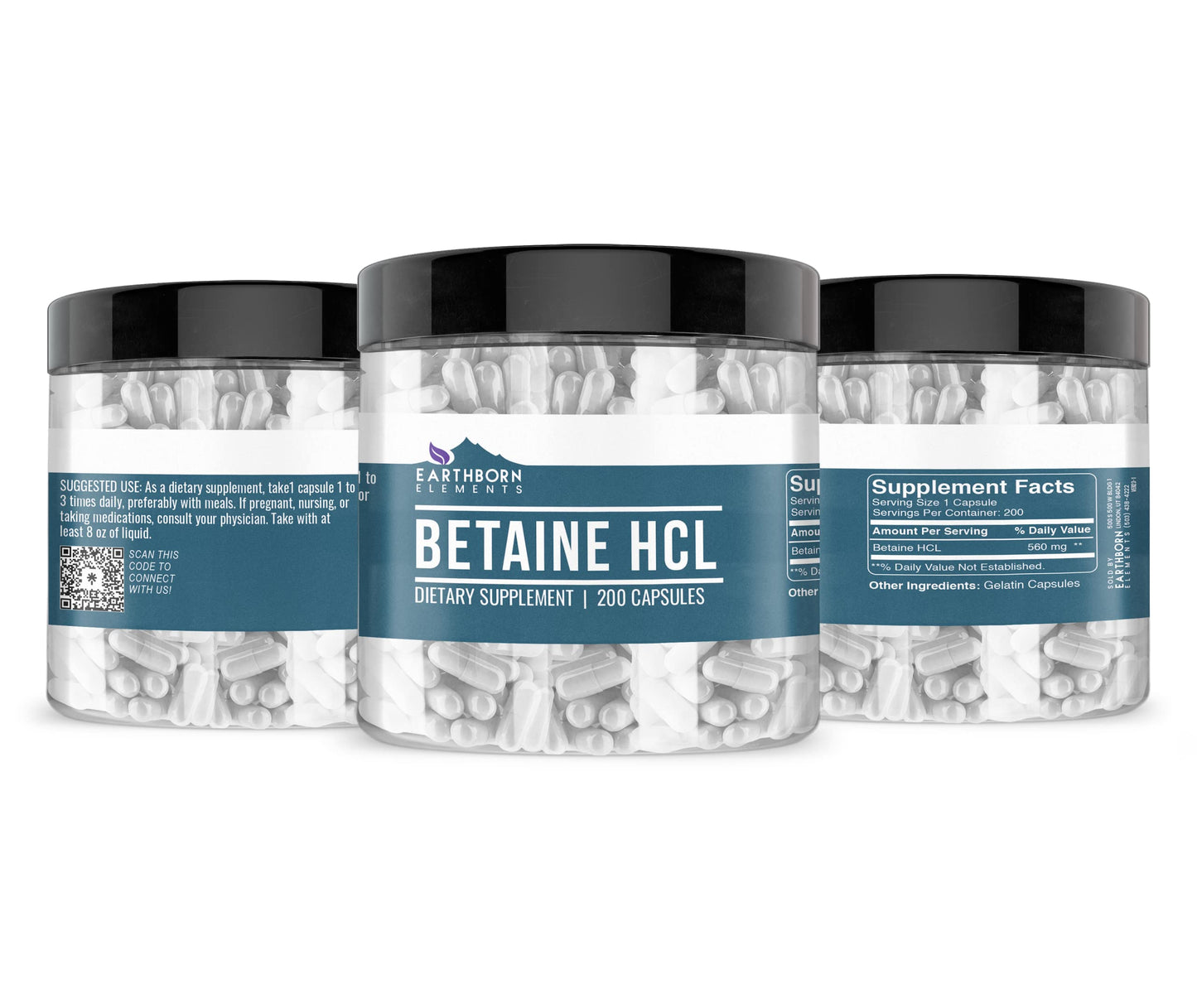 Earthborn Elements Betaine HCl – 200 Capsules | Lab-Tested, No Fillers