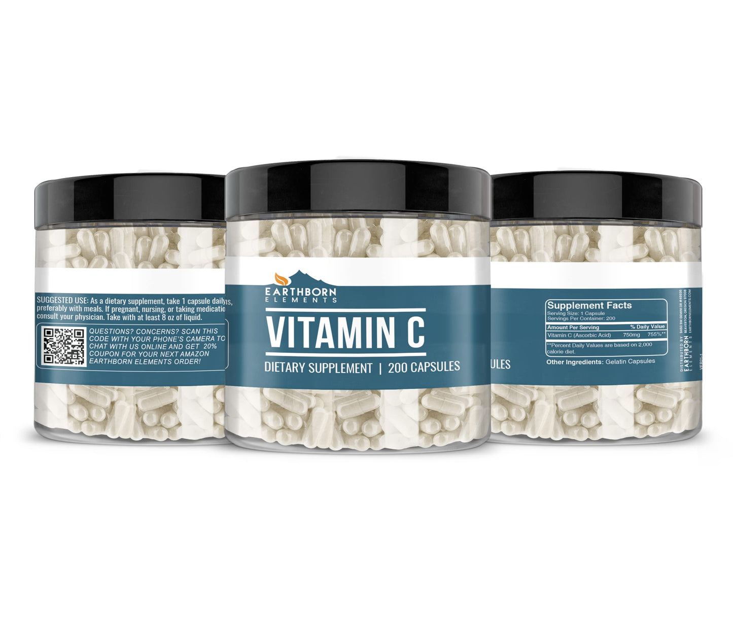 Earthborn Elements Vitamin C 200 Capsules - Pure & Undiluted