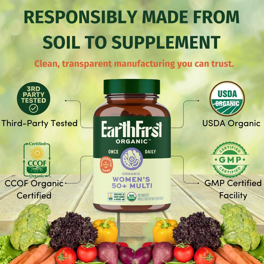 EarthFirst Organic Once Daily Multivitamin for Women 50+ - Bone, Energy & Heart Health (60 Count)