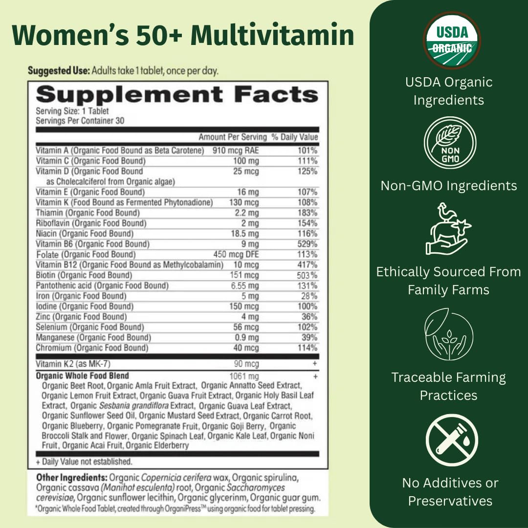 EarthFirst Organic Once Daily Multivitamin for Women 50+ - Bone, Energy & Heart Health (60 Count)