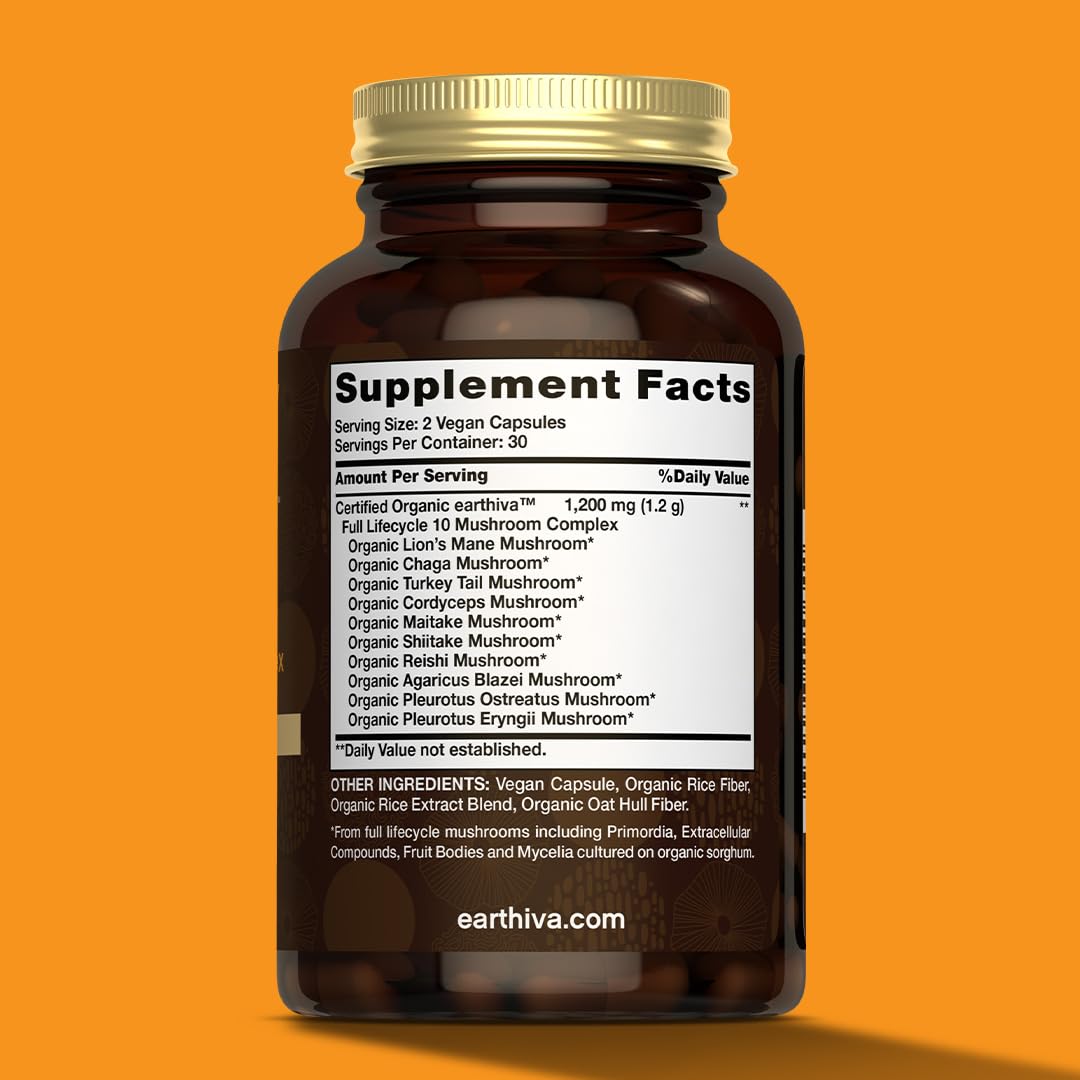 Earthiva Mushroom Complex Supplement – 60 Capsules | 10-in-1 Blend