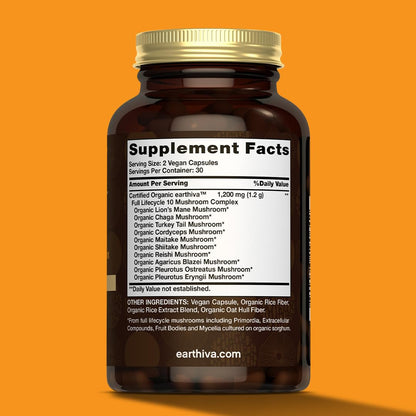 Earthiva Mushroom Complex Supplement – 60 Capsules | 10-in-1 Blend