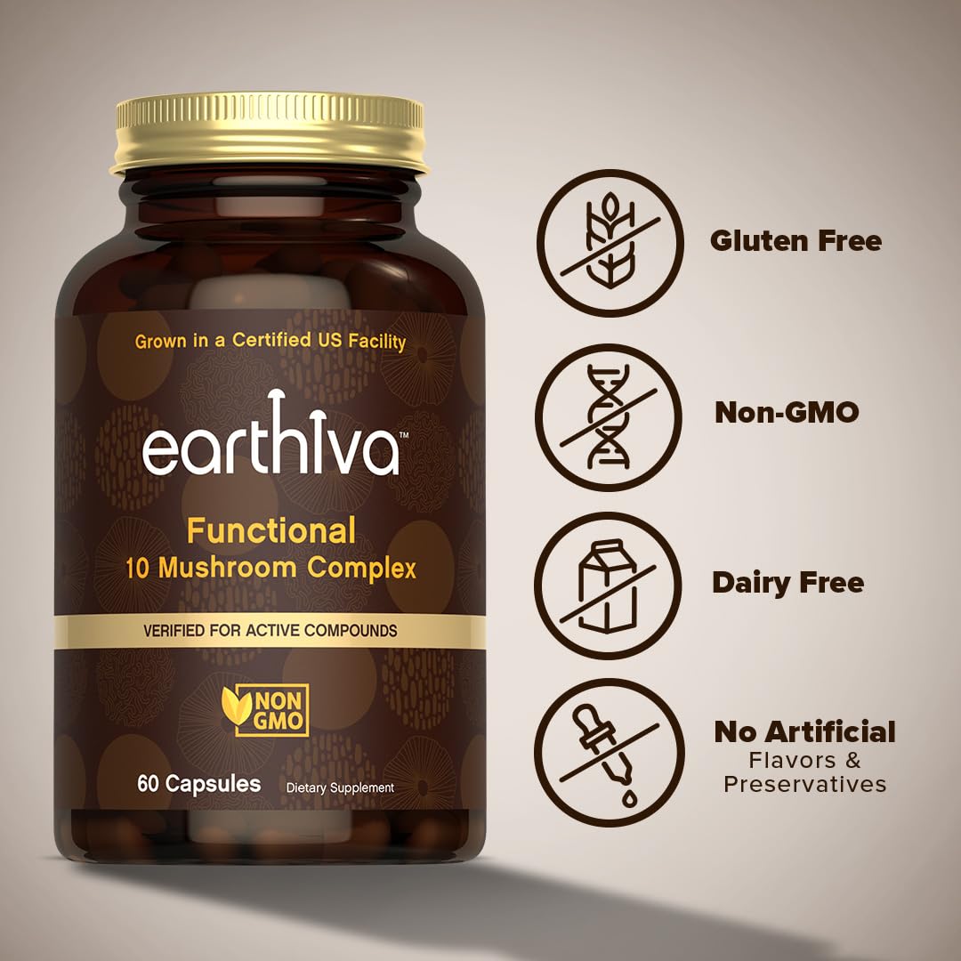 Earthiva Mushroom Complex Supplement – 60 Capsules | 10-in-1 Blend