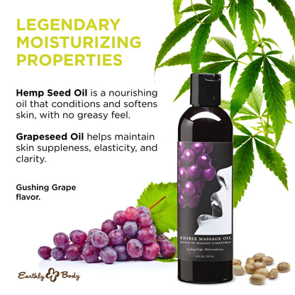 Earthly Body Edible Massage Oil – Grape, 8 oz – Hemp Seed, Almond, Grapeseed, Apricot & Vitamin E – Vegan & Cruelty-Free