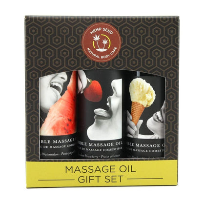 Earthly Body Edible Massage Oil Gift Set | 3 x 2 oz | Watermelon, Strawberry & Vanilla | Vegan & Cruelty-Free