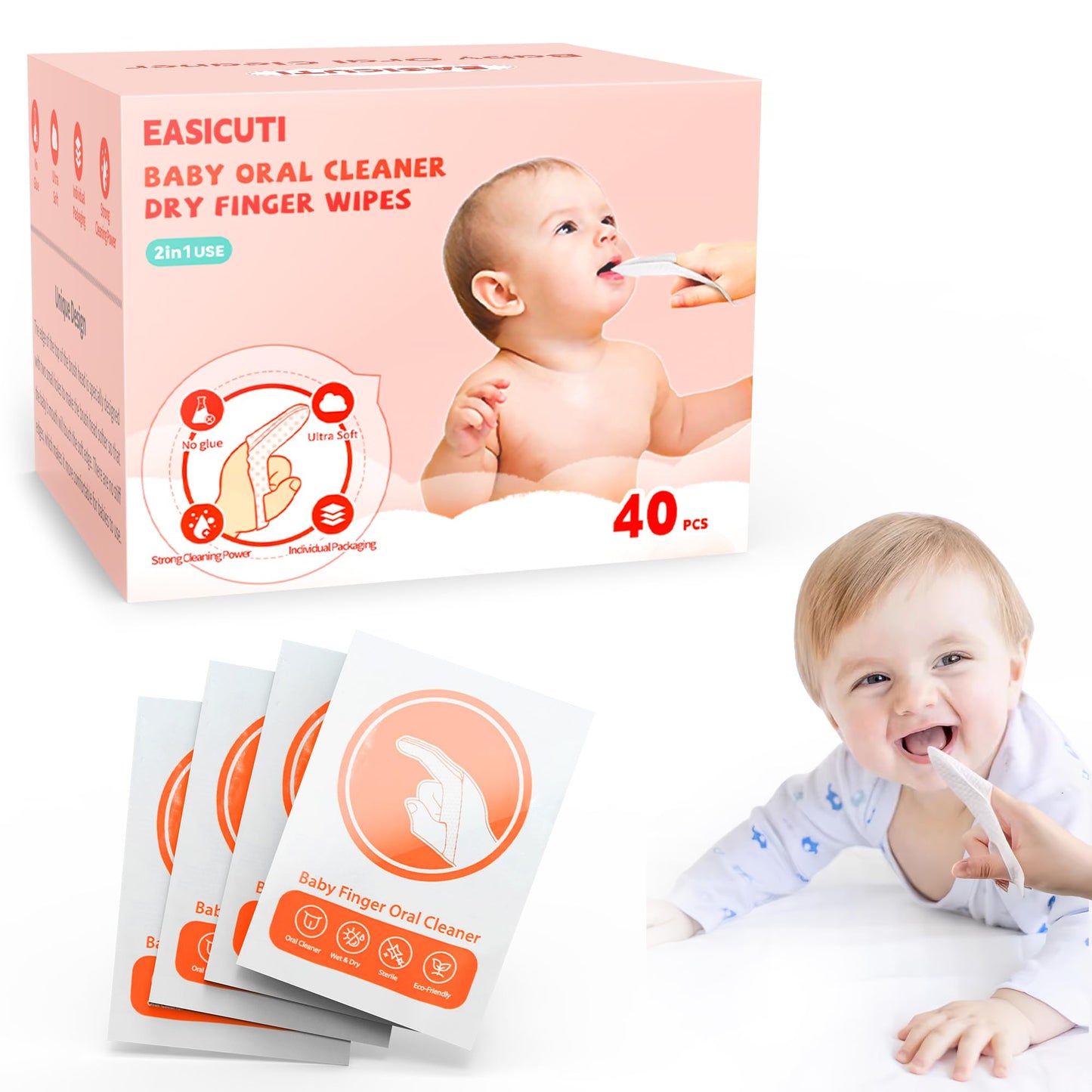 EASICUTI 40Pcs Baby Finger Toothbrush & Dry Wipes – Newborn Oral Care (0-36 Months)