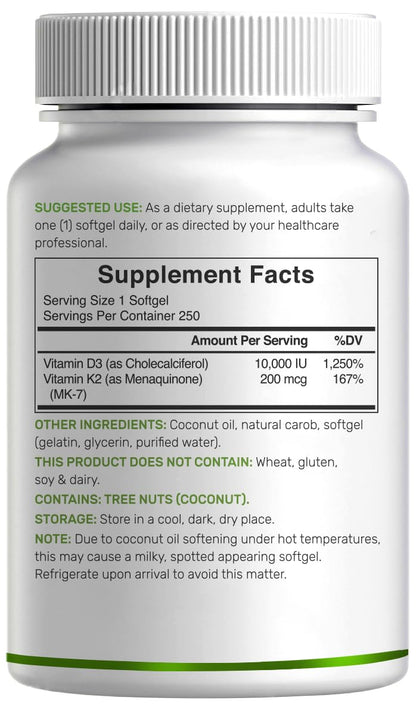 DEAL SUPPLEMENT Vitamin D3 10,000 IU + K2 MK7 200mcg Softgels – 2-in-1 Coconut Oil Carrier, 250 Count