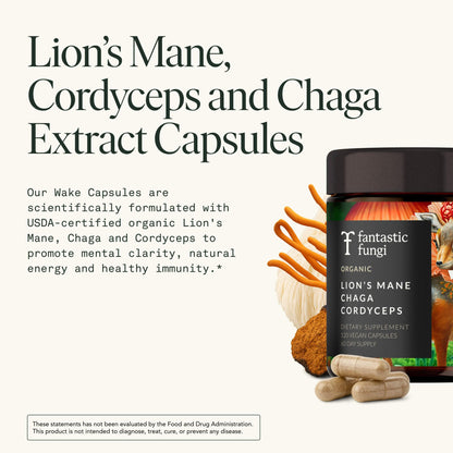 Mushroom Supplement with Lions Mane, Chaga & Cordyceps – USDA Organic, Vegan, 120 Caps (2-Month Supply)