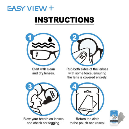 EASY VIEW+ Anti-Fog Microfiber Cloth for Glasses, Goggles, Motorcycle Helmet & Camera Lens