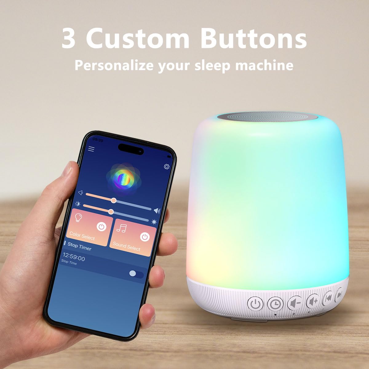 Easysleep White Noise Sound Machine — 30 Sounds, 12 Night Light Colors, App & Touch Control