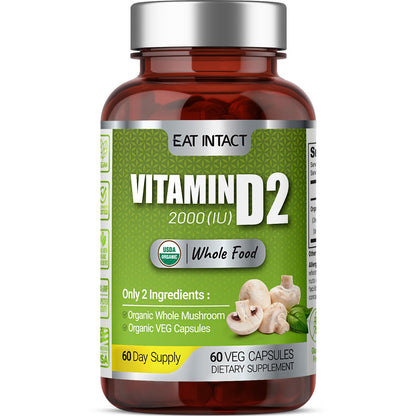 EAT INTACT Vegan Vitamin D 2000 IU | Organic Whole Mushroom, Two-Ingredient
