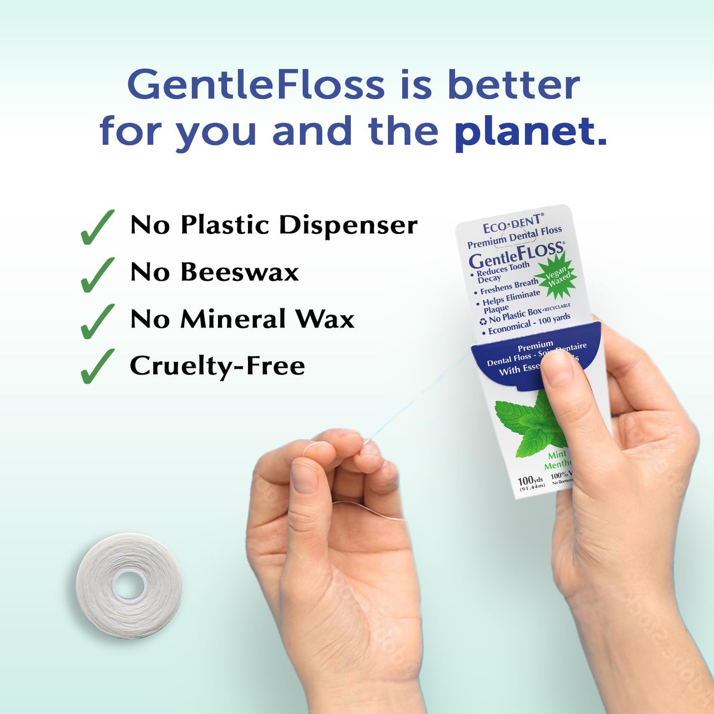 Eco-Dent GentleFloss Waxed Mint Dental Floss – Vegan Wax, 100 Yds x6