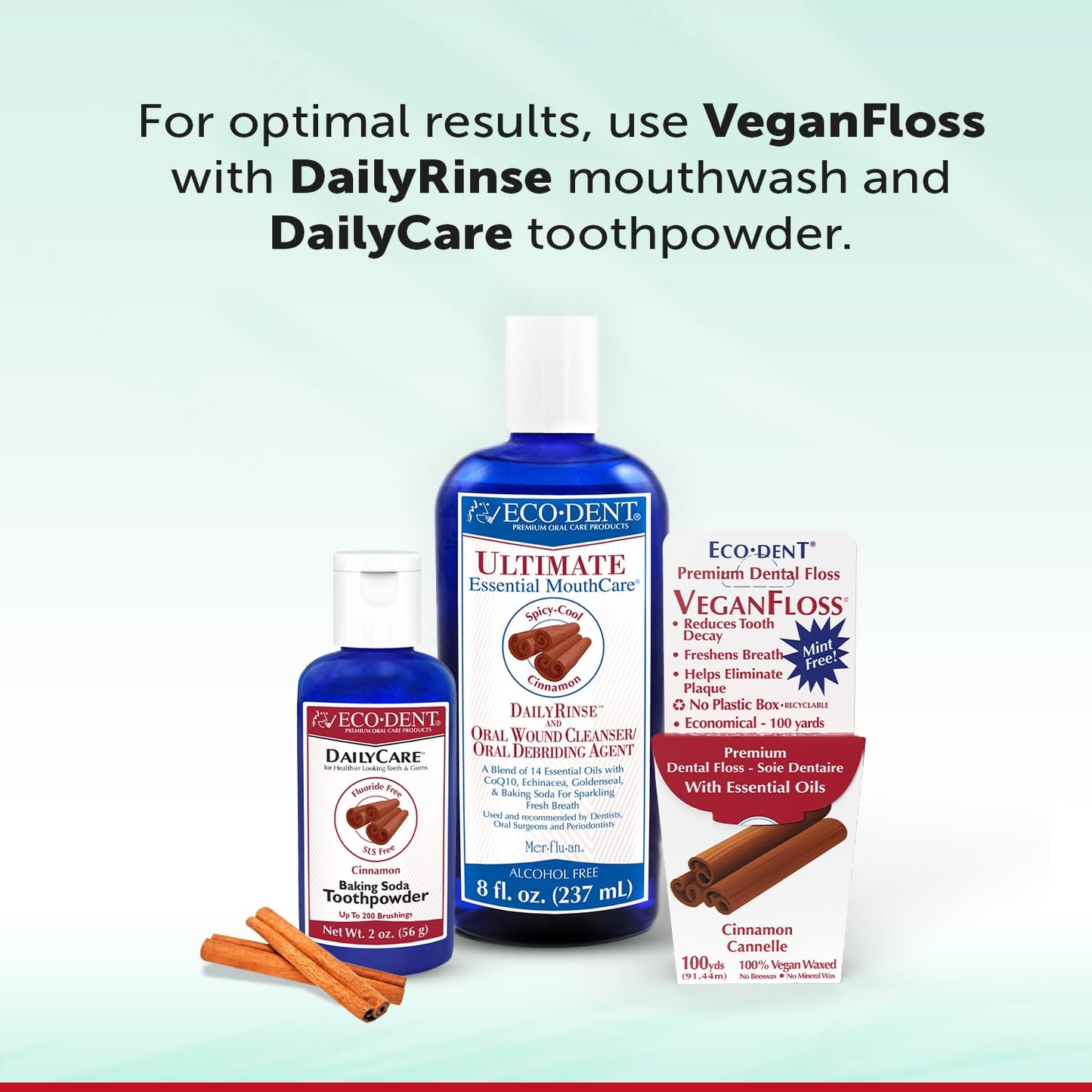 Eco-Dent VeganFloss Dental Floss - Cinnamon Waxed, Plant-Based Wax, 100 Yds (Pack of 6)