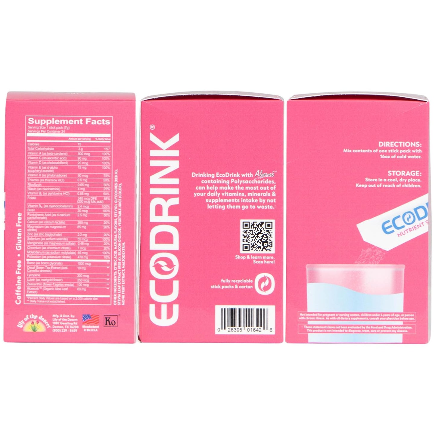 Lily of the Desert EcoDrink Nutrient Support Hydration Packets (3 Flavors) – 24 Stick Packs/Box, 0.25 oz Each