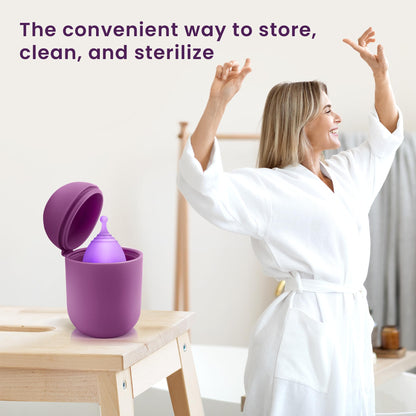 EcoBlossom Menstrual Cup Case and Sterilizer - Reusable Silicone Holder, Portable Microwave Steamer (Purple)