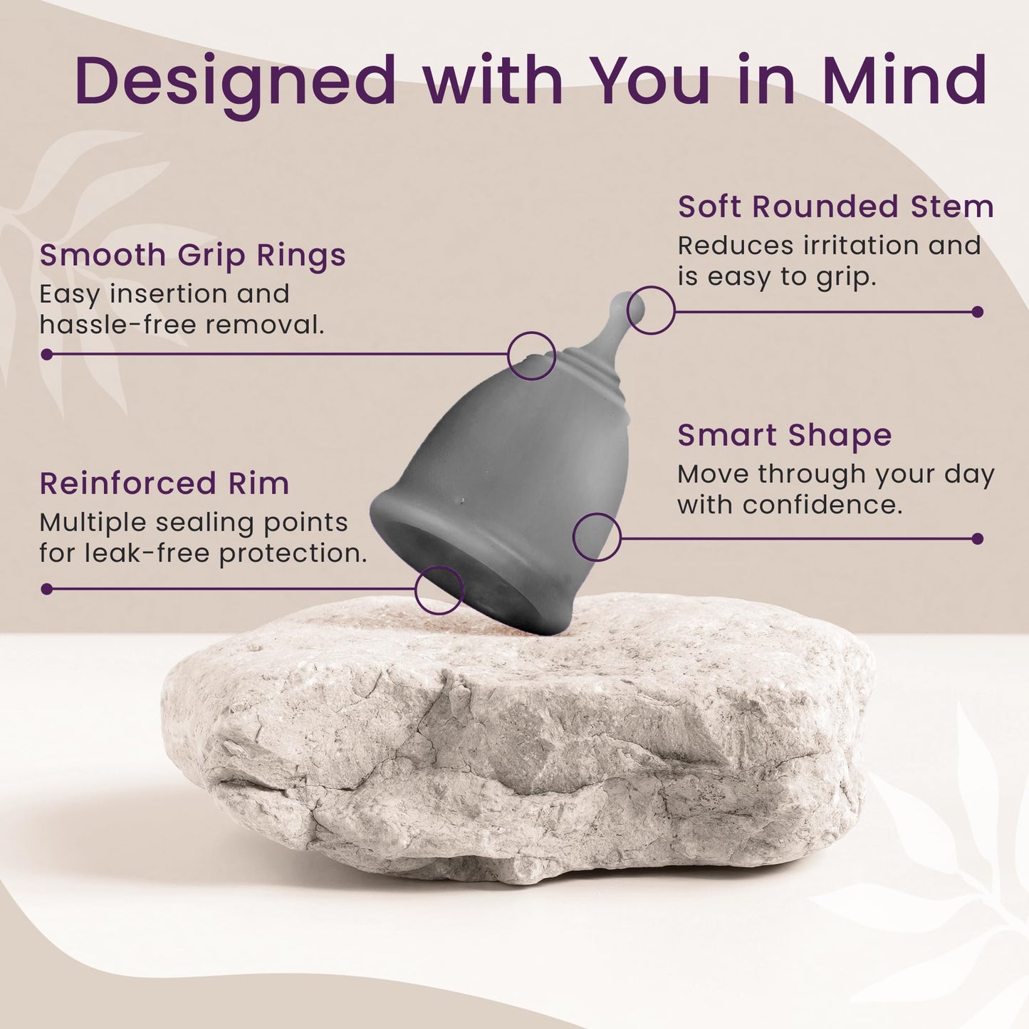 EcoBlossom Reusable Menstrual Cup & Case — Medical-Grade Silicone, 12-Hour Leak-Proof, Pack of 2 (Small & Large, Gray)