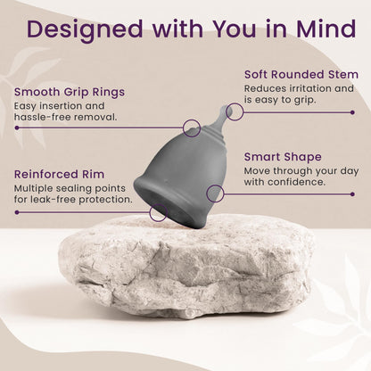 EcoBlossom Reusable Menstrual Cup & Case — Medical-Grade Silicone, 12-Hour Leak-Proof, Pack of 2 (Small & Large, Gray)