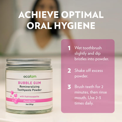 Ecofam Toothpaste Powder – Remineralizing with Hydroxyapatite & Xylitol, Fluoride Free, Bubble Gum
