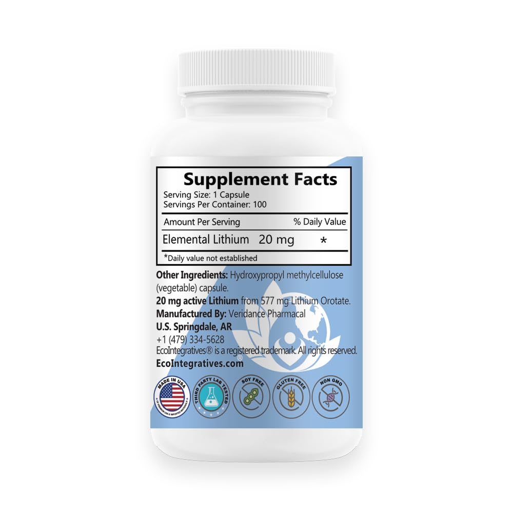 EcoIntegratives Lithium Orotate 20 mg – Mood, Memory & Brain Health (100 Caps)