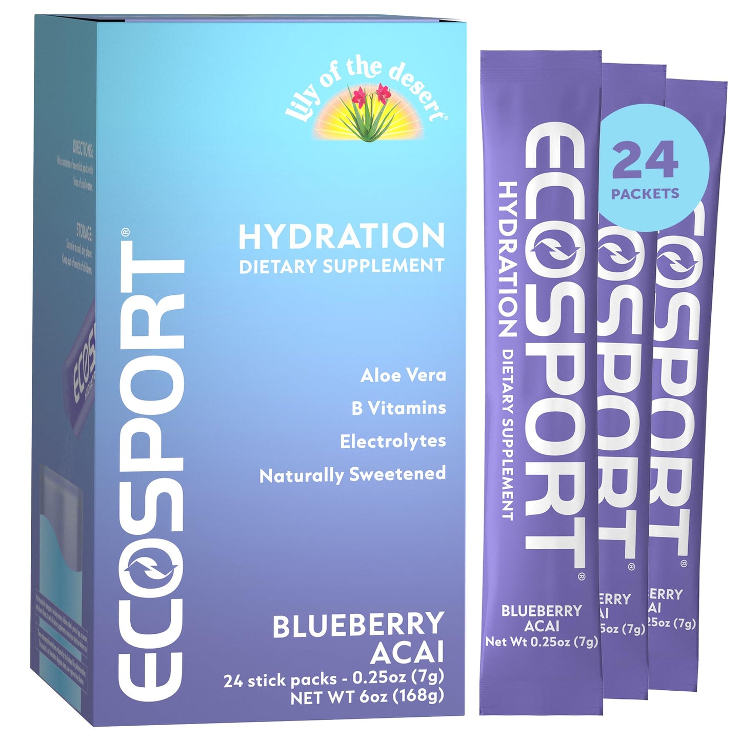 Lily of the Desert EcoSport Hydration Packets – Blueberry Acai, 24 Count, 0.25 oz Each
