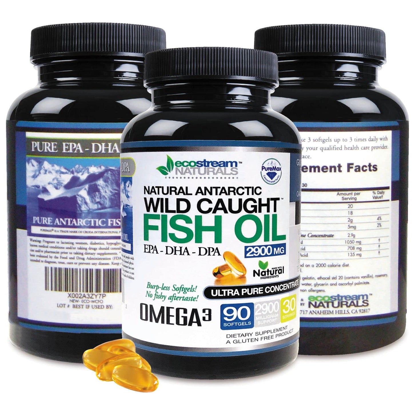 Ecostream Naturals Wild-Caught Omega-3 2,900 mg – Pack of 2 with DPA/EPA/DHA (Enteric-Coated, No Fishy Taste)