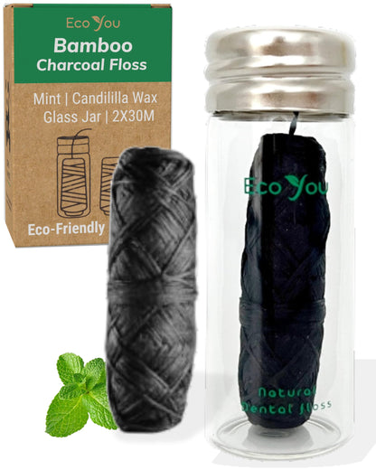 EcoYou Charcoal Bamboo Floss – 2 Refill Spools + Glass Container | Vegan & Biodegradable