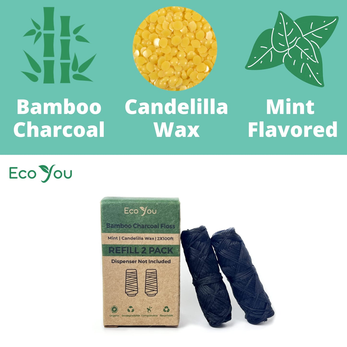 EcoYou Bamboo Charcoal Dental Floss - Mint & Candelilla Wax - Vegan & Biodegradable (2 Refills Pack)