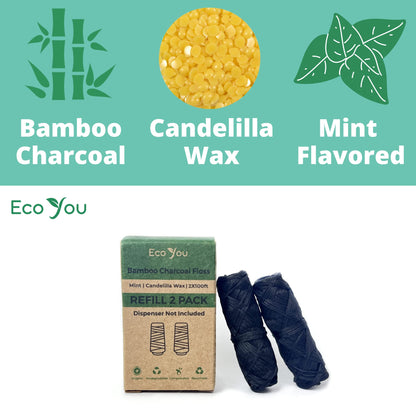 EcoYou Bamboo Charcoal Dental Floss - Mint & Candelilla Wax - Vegan & Biodegradable (2 Refills Pack)