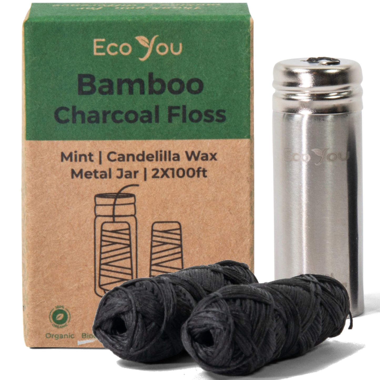 EcoYou Charcoal Bamboo Floss | 2 Spools + Stainless Steel Container | Vegan & Biodegradable