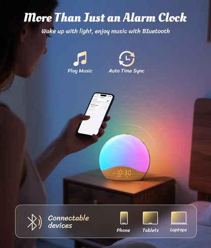 ecozy Wood Grain Sunrise Alarm Clock with 26 Sounds, 17 Night Lights, Bluetooth