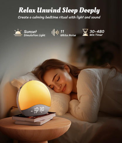 ecozy Sunrise Alarm Clock — Gentle Sunrise, 26 Sounds, 17 Night Lights, Bluetooth Speaker