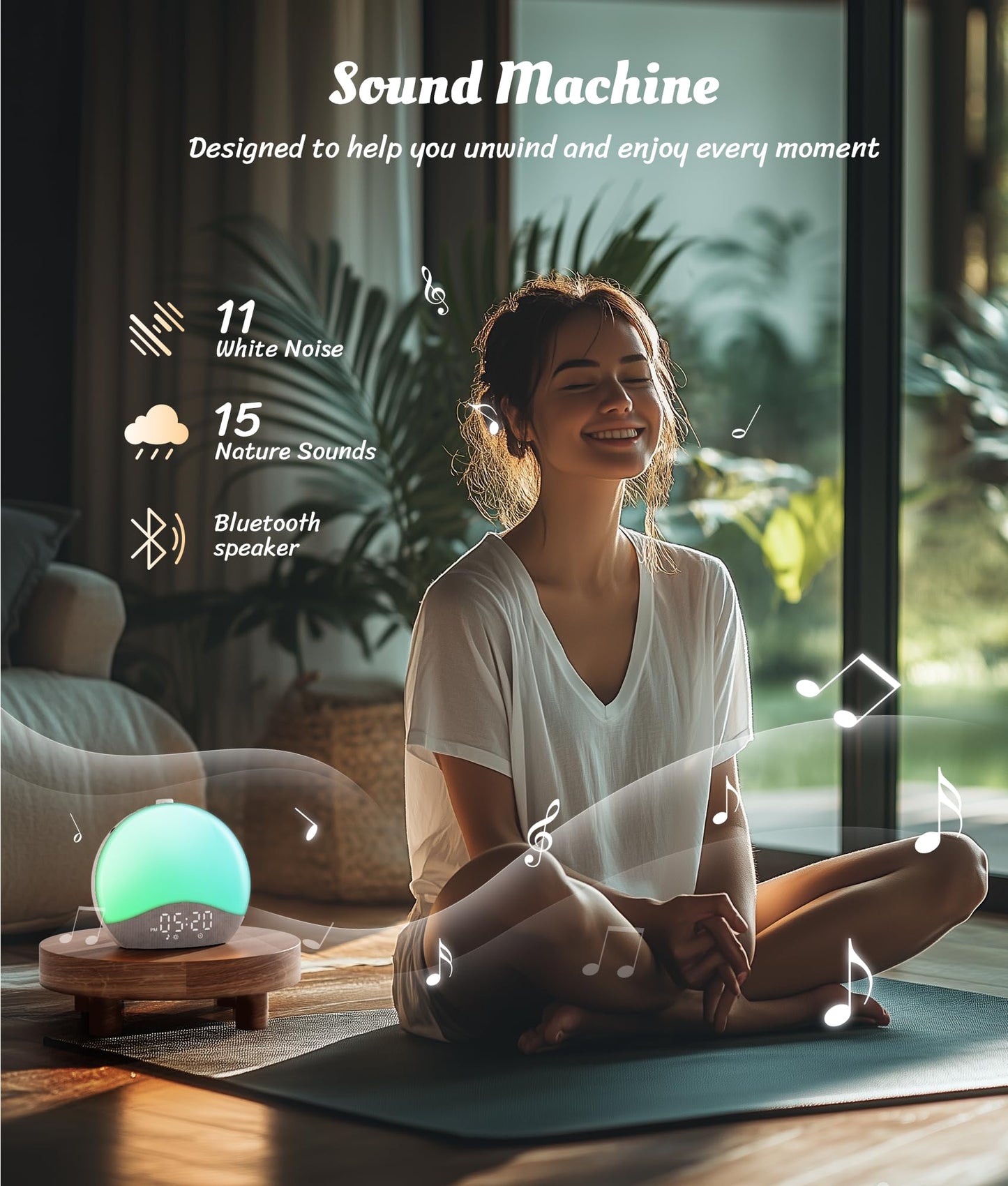 ecozy Sunrise Alarm Clock — Gentle Sunrise, 26 Sounds, 17 Night Lights, Bluetooth Speaker