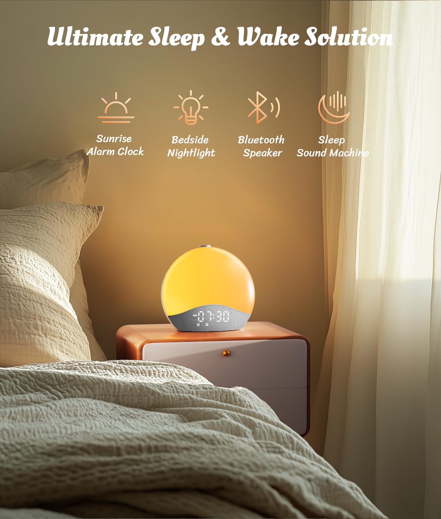 ecozy Sunrise Alarm Clock — Gentle Sunrise, 26 Sounds, 17 Night Lights, Bluetooth Speaker