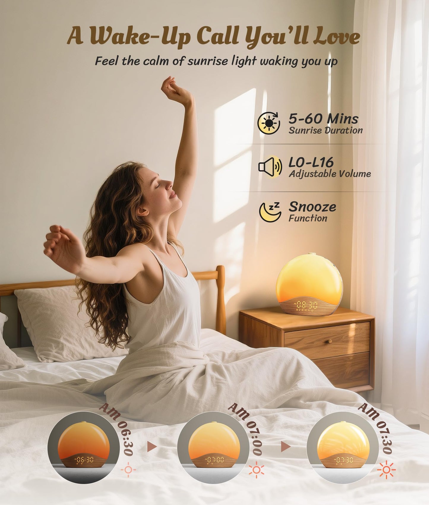 ecozy Wood Grain Sunrise Alarm Clock with 26 Sounds, 17 Night Lights, Bluetooth
