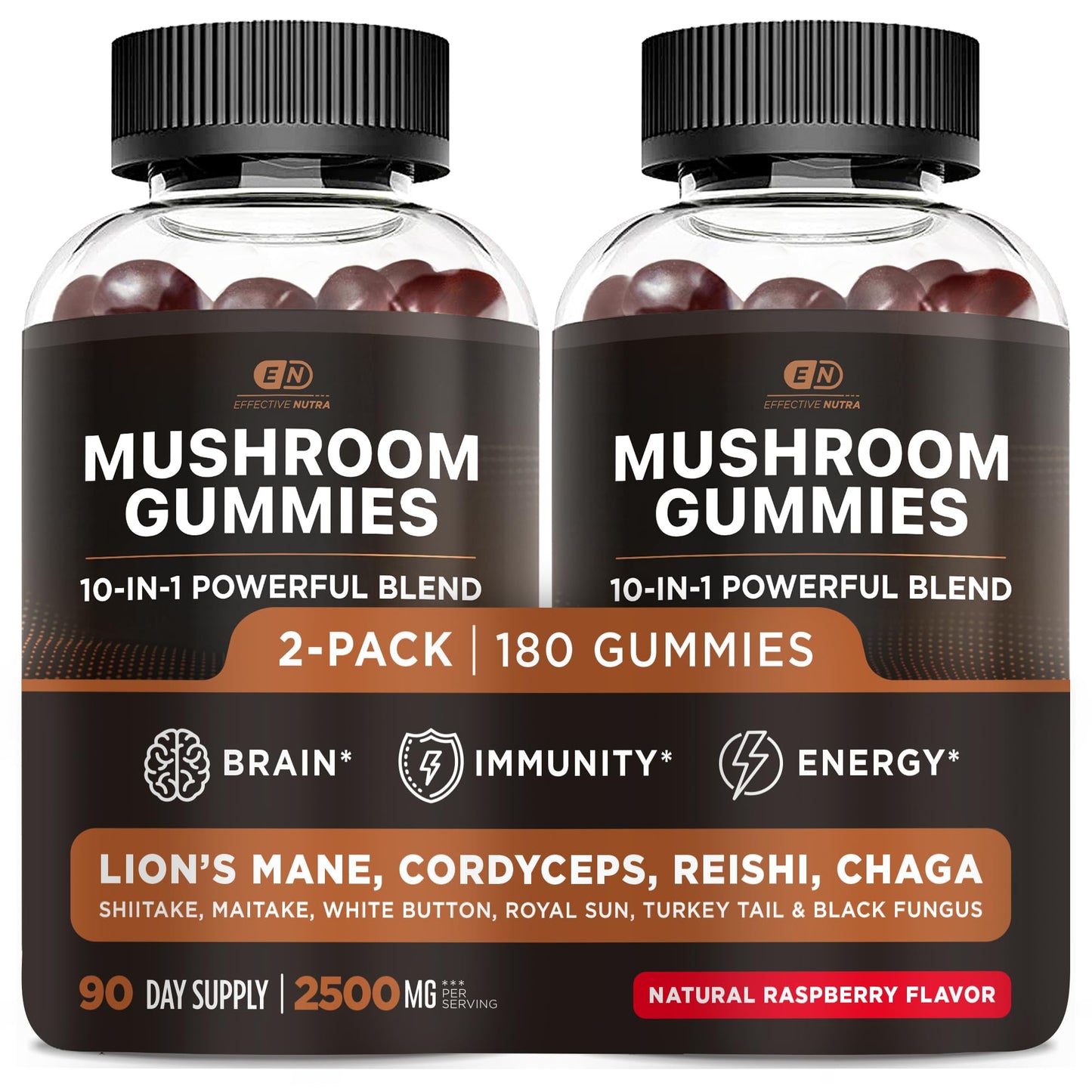 Effective Nutra Mushroom Gummies 2500mg - 10-in-1 Lion’s Mane, Reishi, Chaga, Cordyceps & More - Focus, Clarity, Memory - Raspberry Flavor, Vegan, Made in USA (2-Pack)