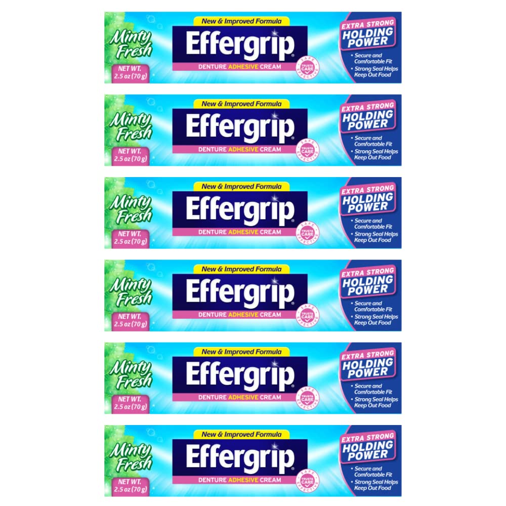 Effergrip Denture Adhesive Cream – Extra Strong Hold, Zinc Free, ADA Seal, 2.5 oz (Pack of 6)