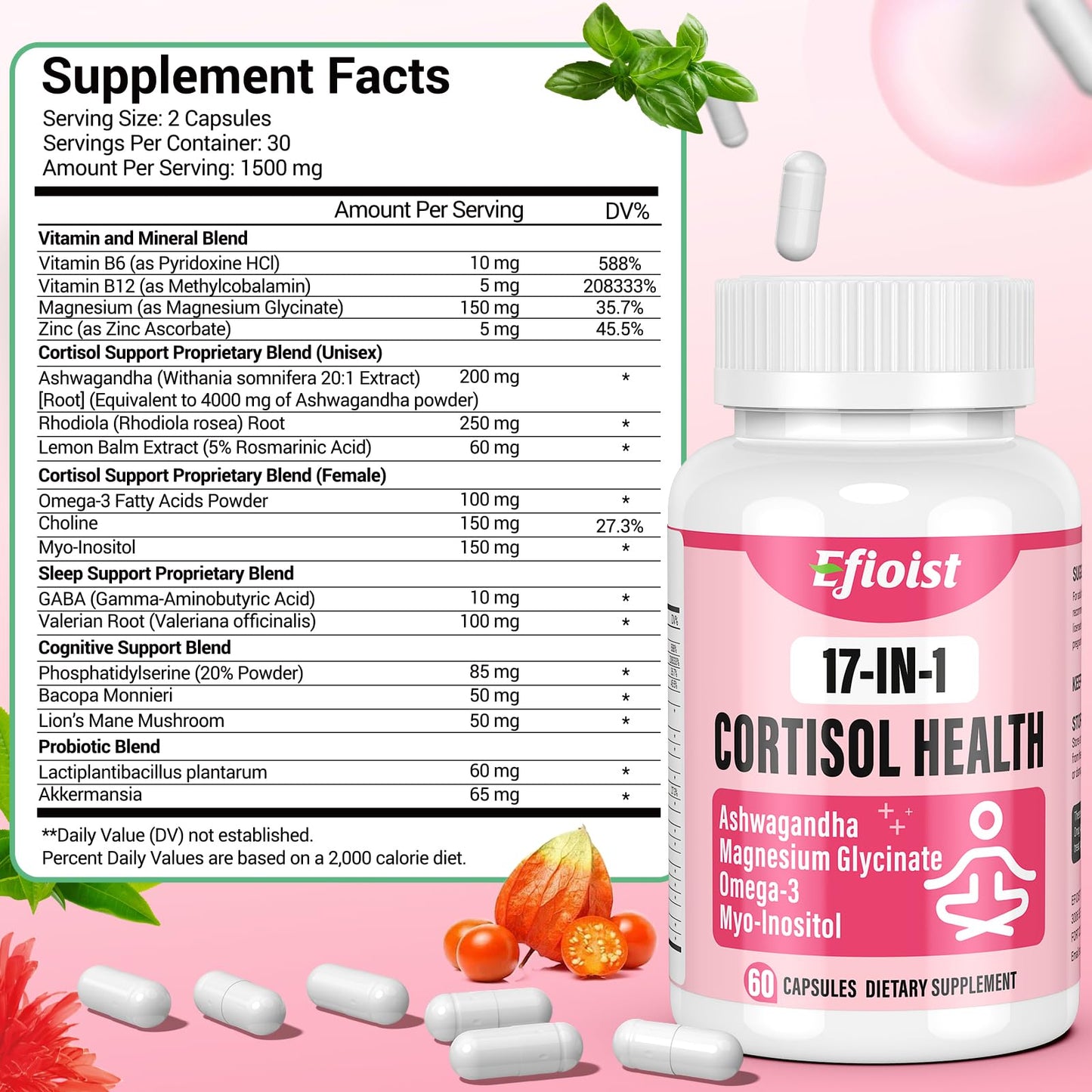 Efioist Cortisol Support for Women — 17-in-1 Hormone Harmony, Mood & Sleep | 60 Capsules
