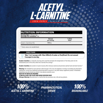 EHP Labs Acetyl L-Carnitine Powder – Brain Health, Energy & Heart Support | 100 Servings