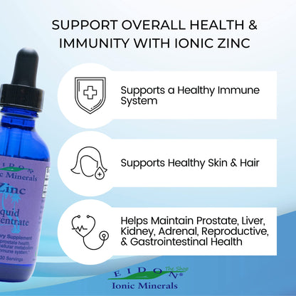 Eidon Ionic Minerals Liquid Zinc Concentrate - Immune Support, Hair & Skin Health | 2 oz