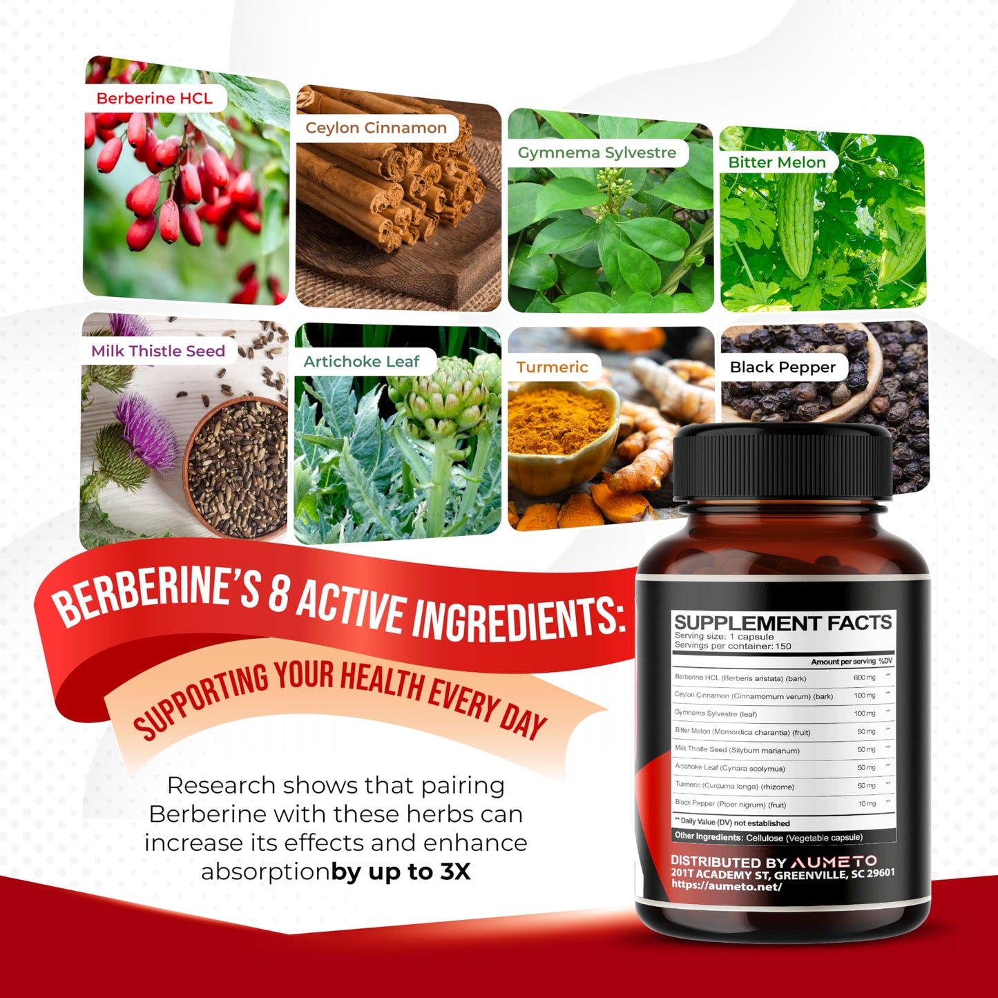 8 in 1 Berberine Supplement - Aumeto | Supports Digestion & Immunity (150-Day Supply)