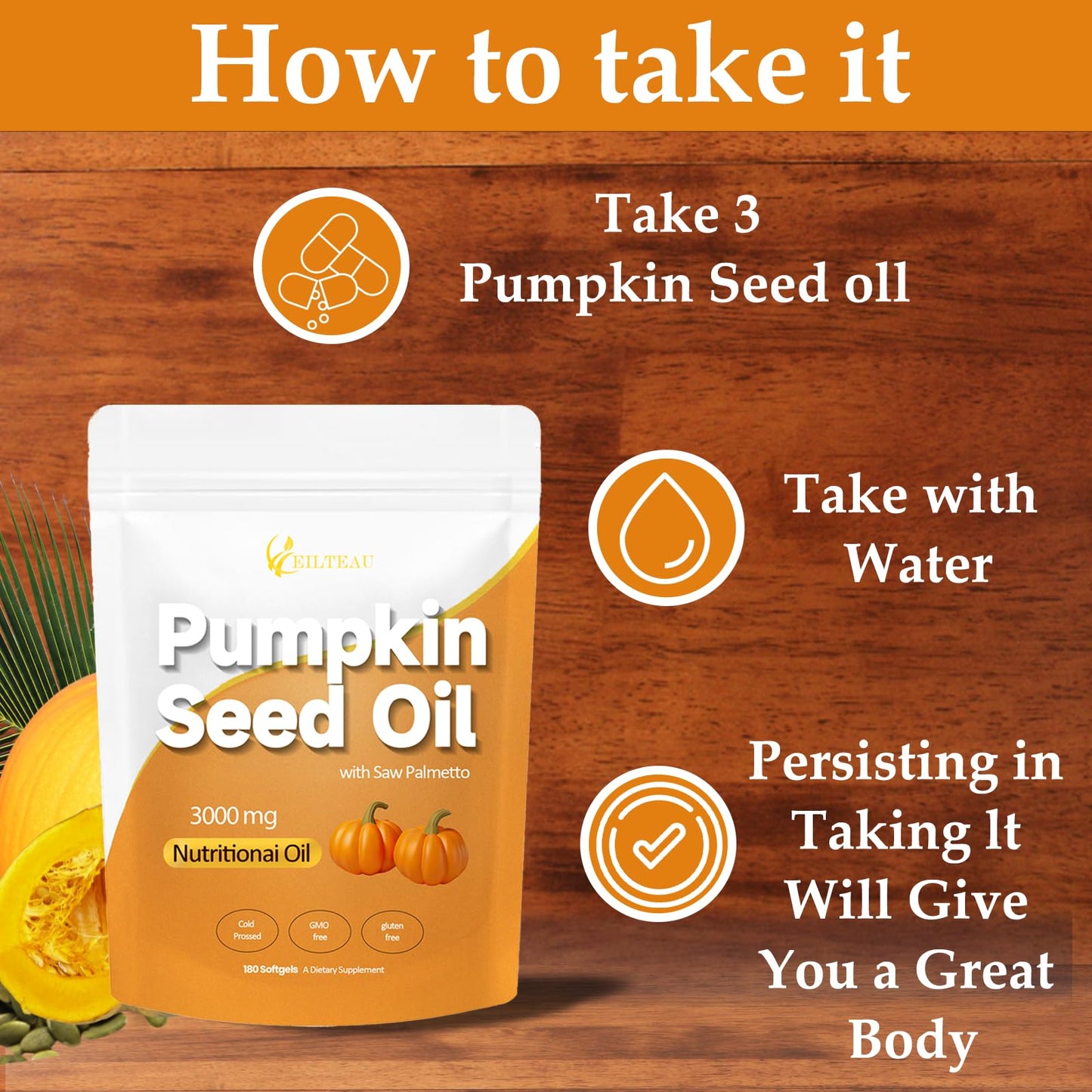 EILTEAU Pumpkin Seed Oil with Saw Palmetto - 3000mg per Serving, Cold Pressed, 180 Softgels | Non-GMO