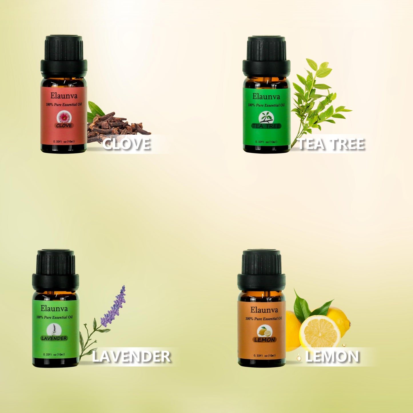 Elaunva Essential Oils Set – 4x10ml Pure Aromatherapy Oils (Lavender, Clove, Tea Tree, Lemon)