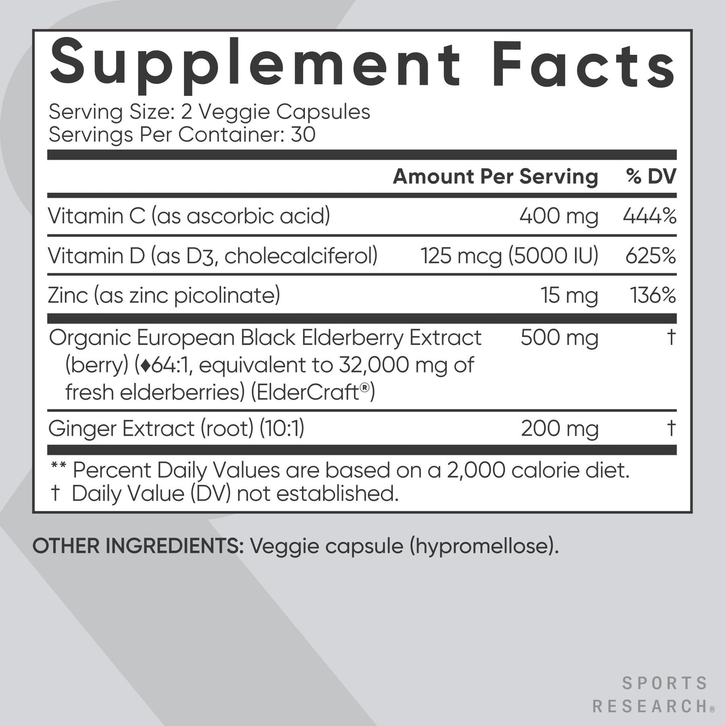 Sports Research Immune Support: Elderberry + Zinc, Vitamin D3 5000iu - Gluten Free