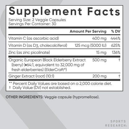 Sports Research Immune Support: Elderberry + Zinc, Vitamin D3 5000iu - Gluten Free