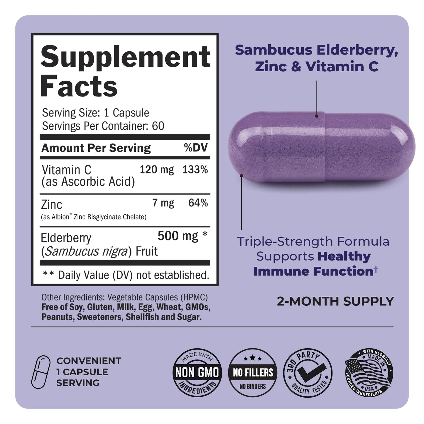 Elderberry Capsules with Zinc & Vitamin C – Immune Support for Adults (60 Count)
