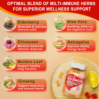 Sugar Free Vitamin C + D3 + Zinc Gummies for Adults 50+ | 9-in-1 Immune Defense (Vegan, Pack of 2)