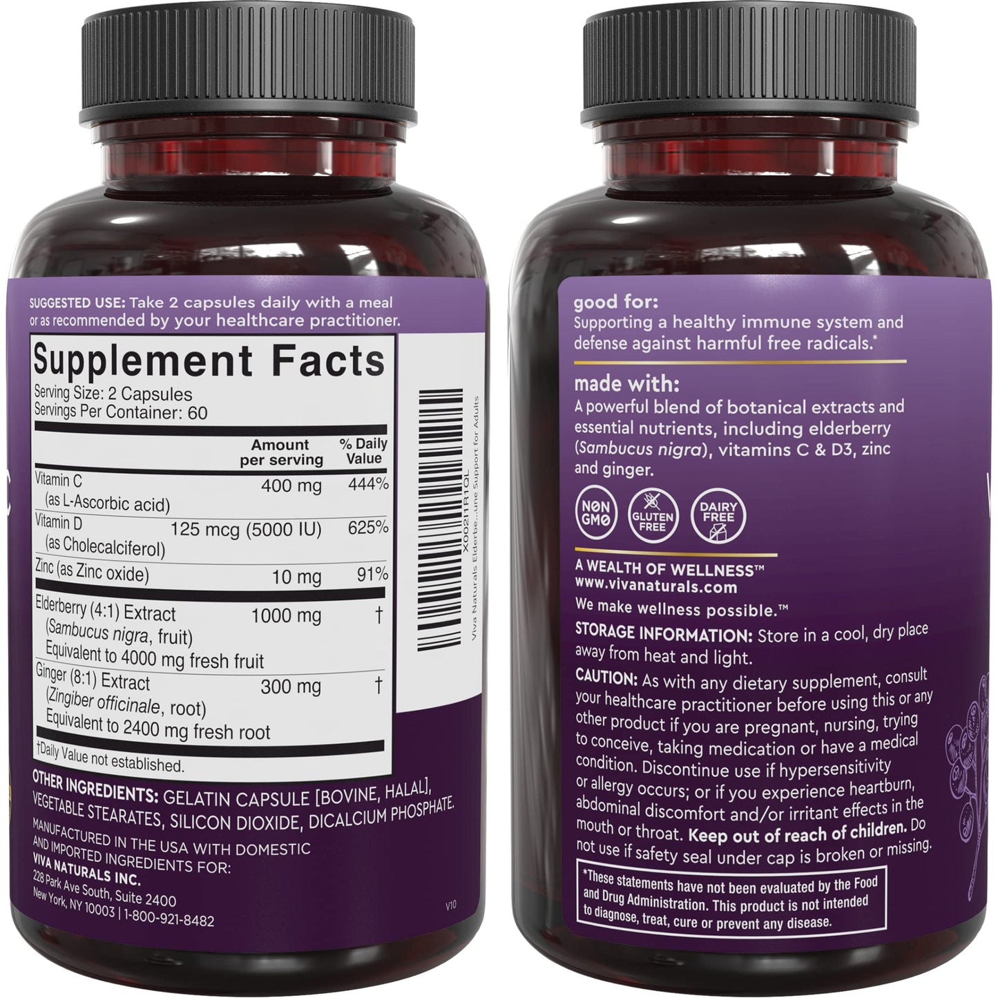 Viva Naturals Elderberry 5-in-1 Immunity Supplement - Vitamin C, D3 & Zinc