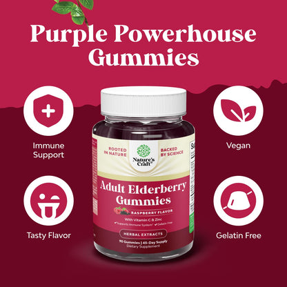 Elderberry Gummies with Vitamin C & Zinc – Immune Support (Vegan Halal) 90ct